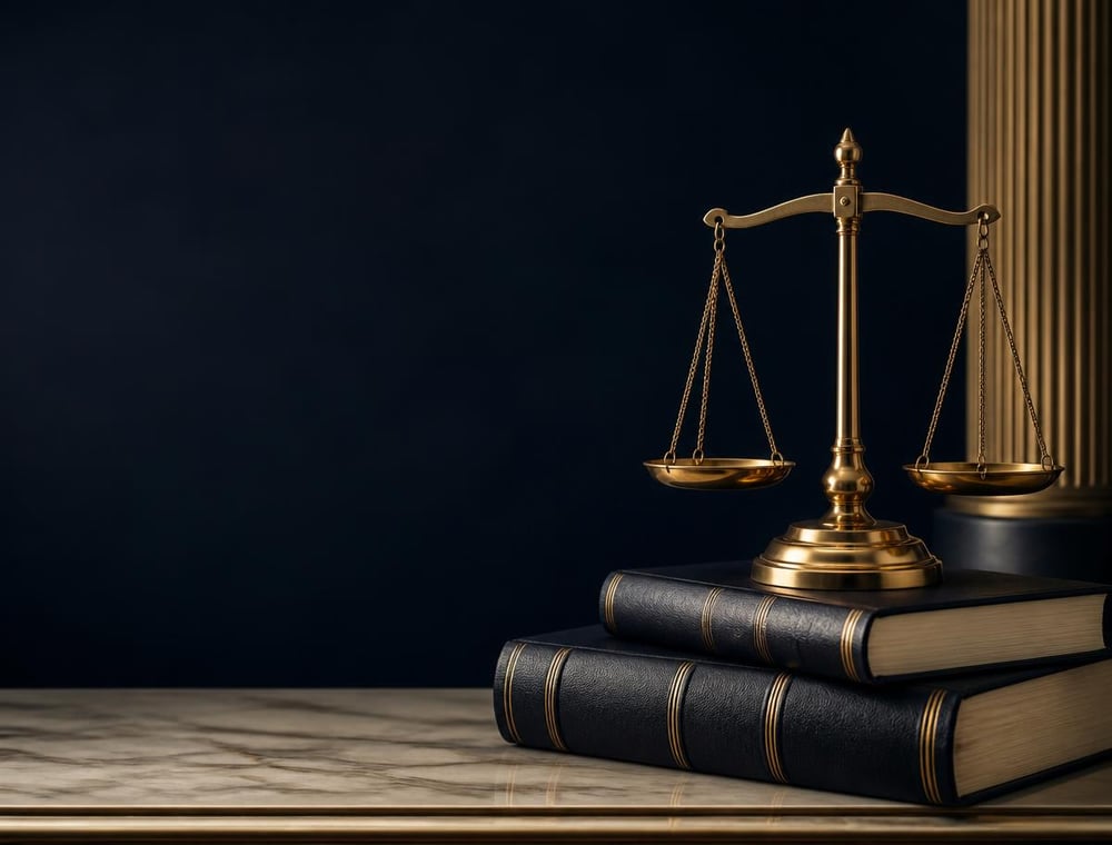 Balança da justiça em dourado sobre livros jurídicos — compromisso institucional do escritório
